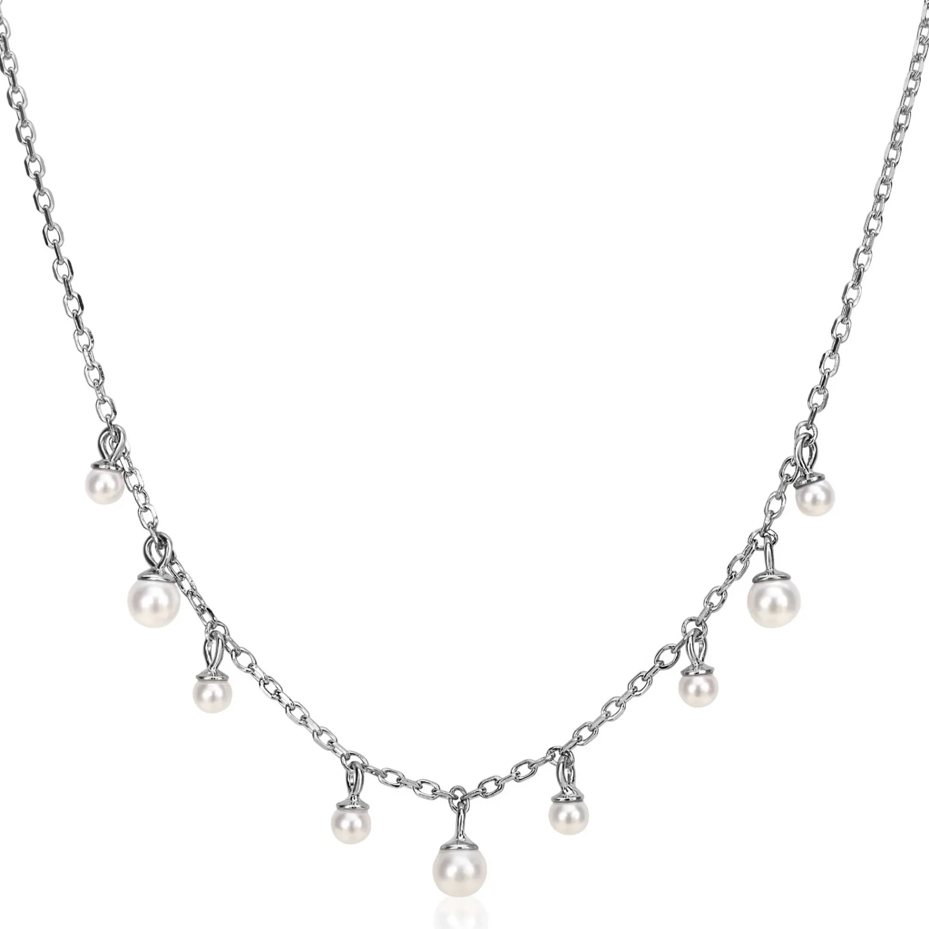 ZINZI zilveren schakelketting met negen ronde witte glasparels in verschillende groottes, speels verdeeld over de ketting 40-45cm ZIC2623