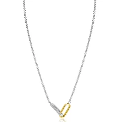 ZINZI zilveren schakelketting met twee verbonden ovale schakels: één gold plated, de ander bezet met witte zirkonia's 42-45cm ZIC2758