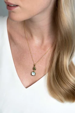 ZINZI zilveren tweezijdige hanger 14K geel verguld vierkant met zwarte onyx en wit parelmoer 30mm ZIH2257G (zonder collier)