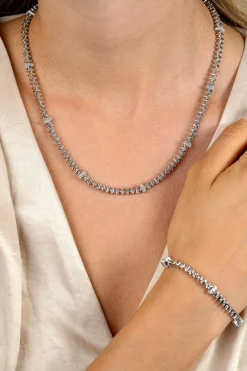 ZINZI zilveren vierkante schakel ketting 6mm breed afwisselend bezet met witte zirkonia's 45cm ZIC2678