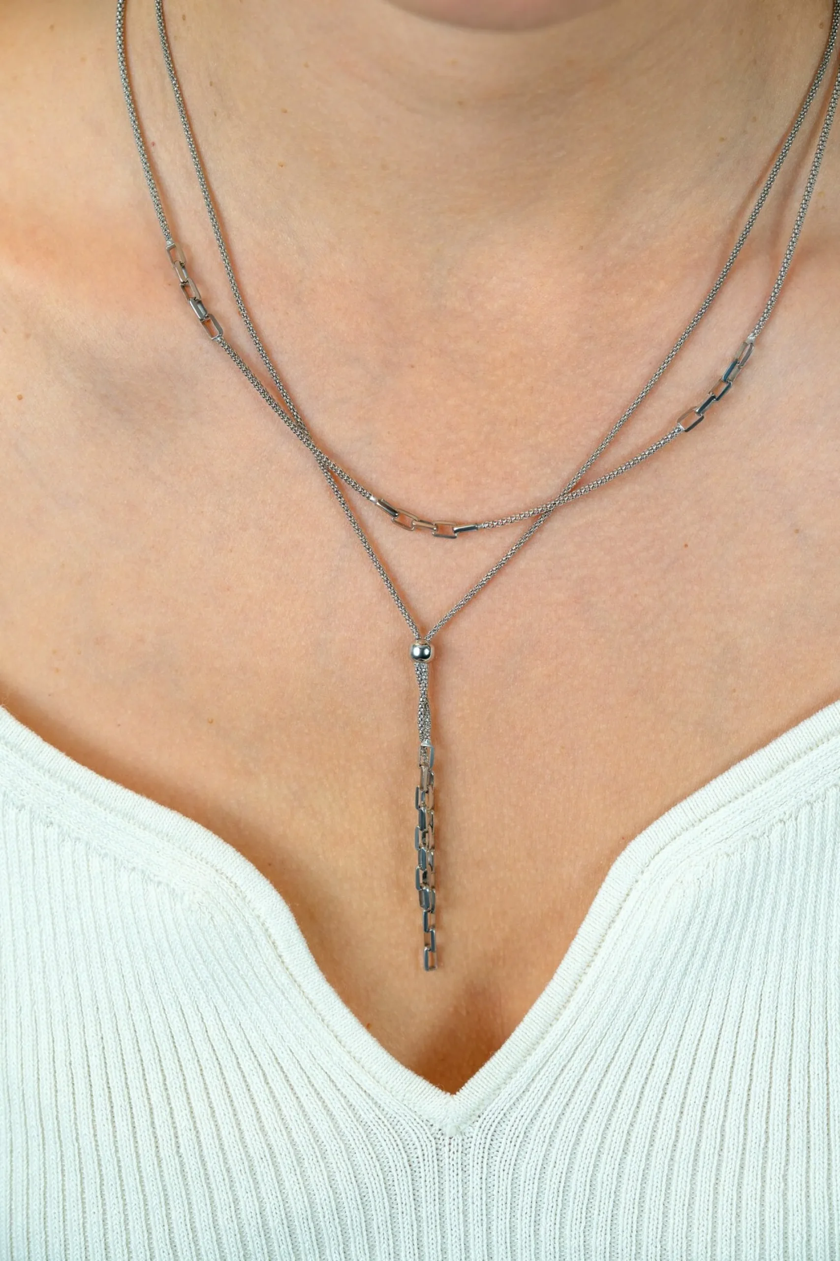 ZINZI zilveren Y-collier 43–46cm met popcorn schakel en twee bungelende kettinkjes ZIC2710