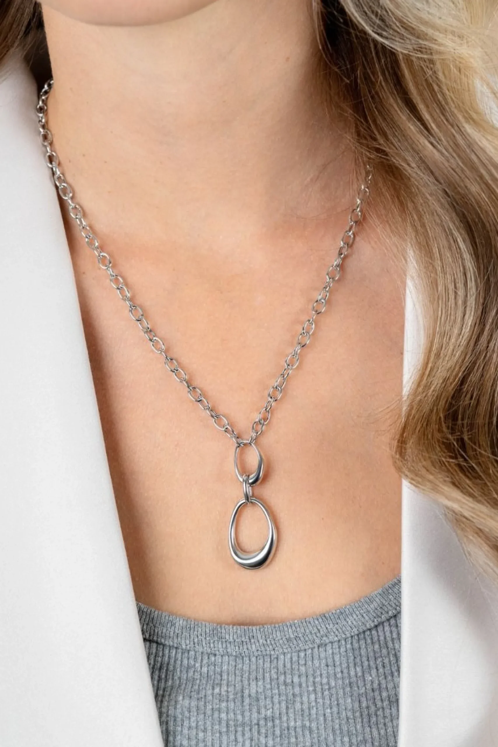 ZINZI zilveren Y-collier met paperclip schakels en drie organische vormen 48cm ZIC2670